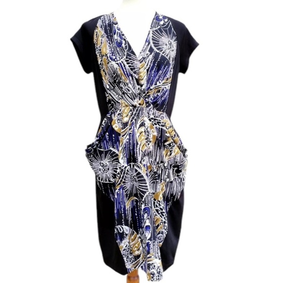 BCBGMaxAzria Short Sleeve V-neck Jersey Draped Black Midi Dress Size Large - Picture 2 of 11